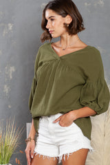 Green Solid Color Gauze Casual V Neck Top for Women