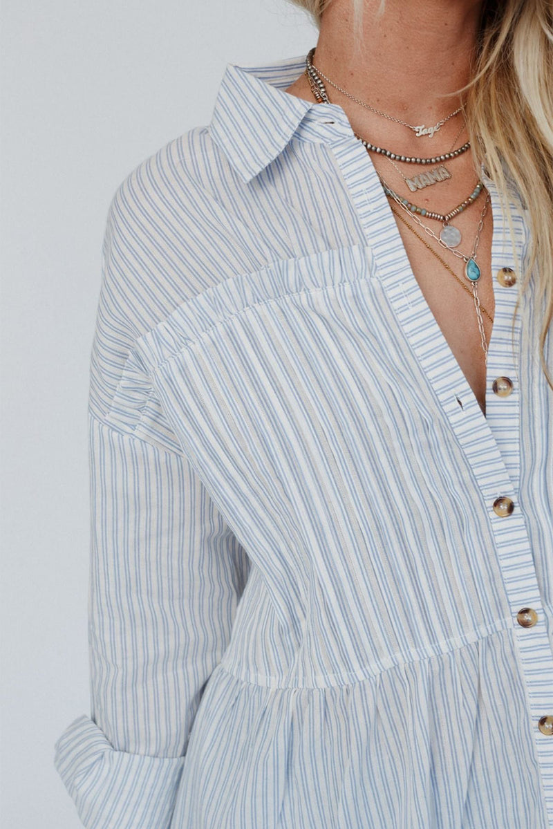 Sky Blue Striped Pleated Long Sleeve Peplum Shirt