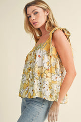 Yellow Floral Patchwork Boho Knot Straps Top