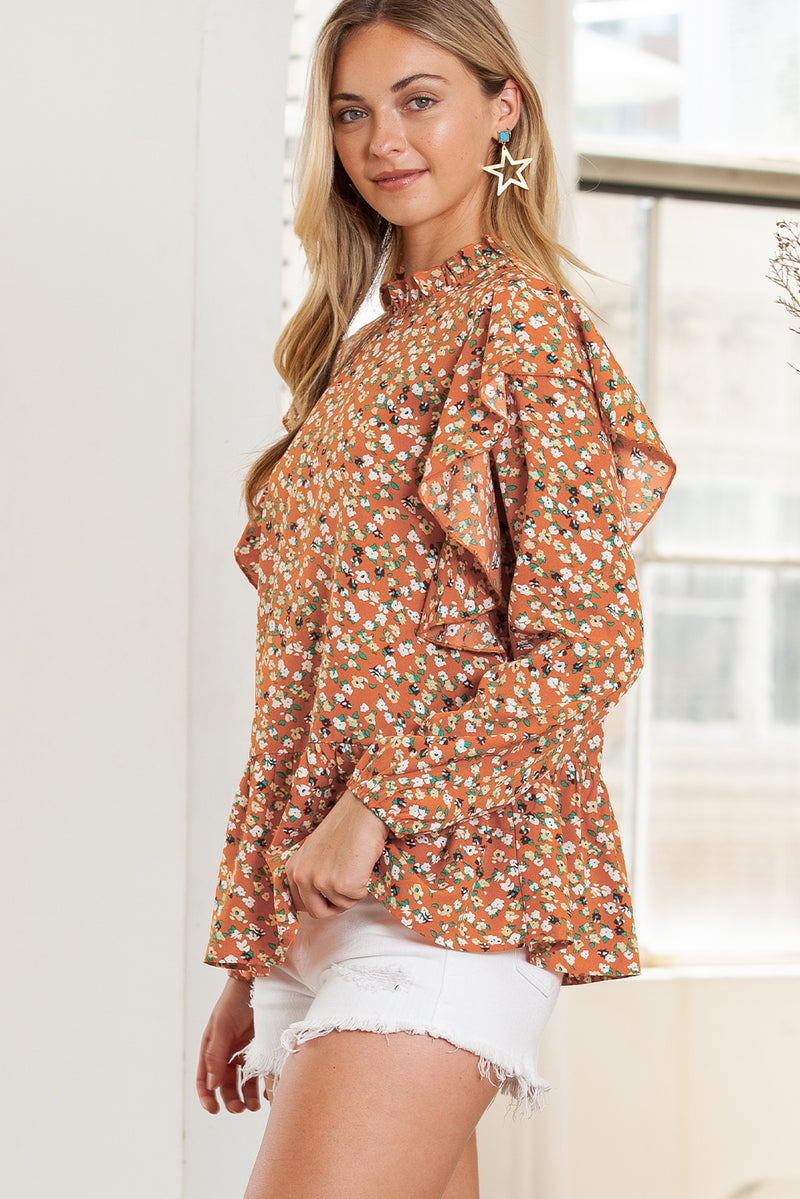 Orange Ditsy Floral Boho Ruffle Long Sleeve Blouse