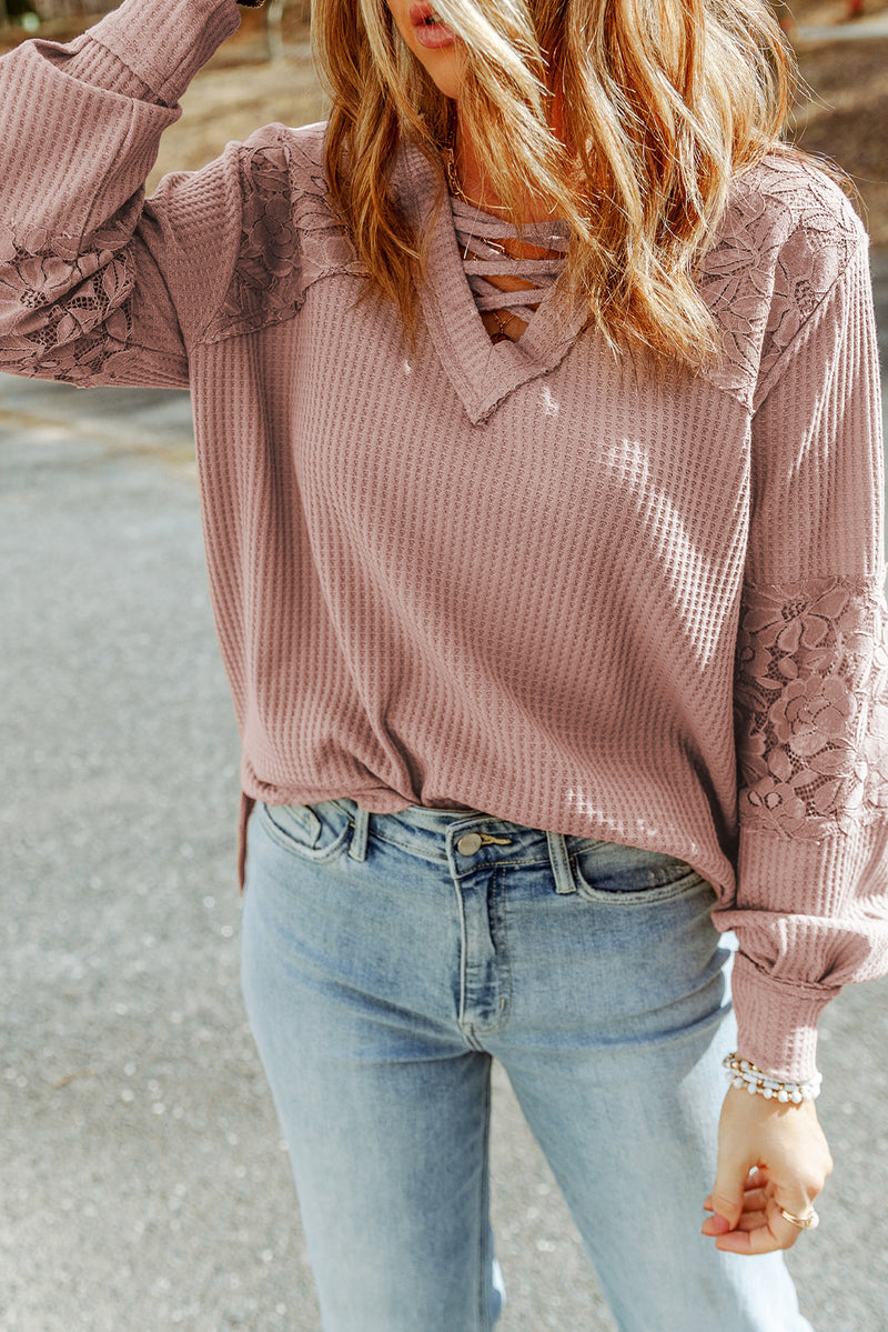 Apricot Lace and Waffle Knit Crisscross Straps V Neck Long Sleeve Top