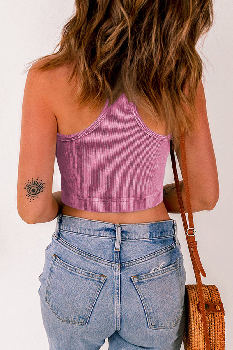 Purple Ribbed Mineral Wash Racerback Cropped Tank Top