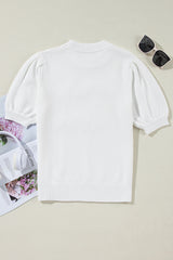 White Touchdown Tinsel Puff Short Sleeve Sweater