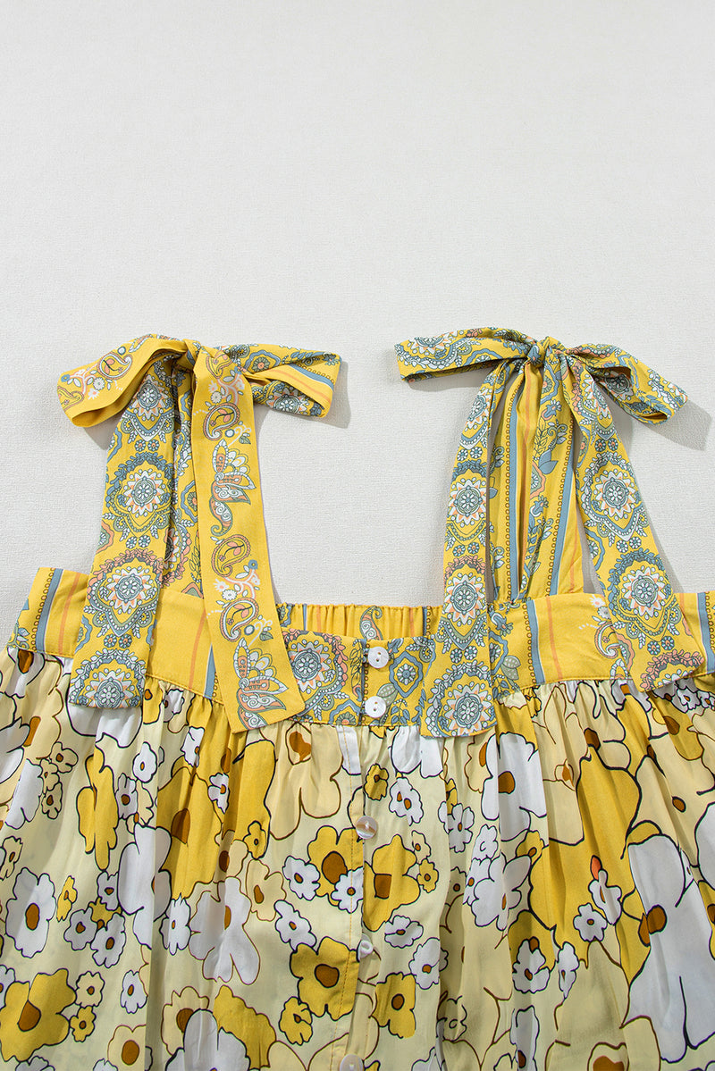 Yellow Floral Patchwork Boho Knot Straps Top