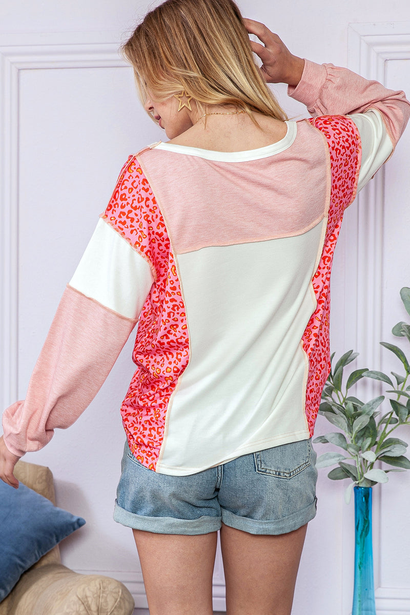 Peach Blossom Patchwork Long Sleeve Round Neck Top