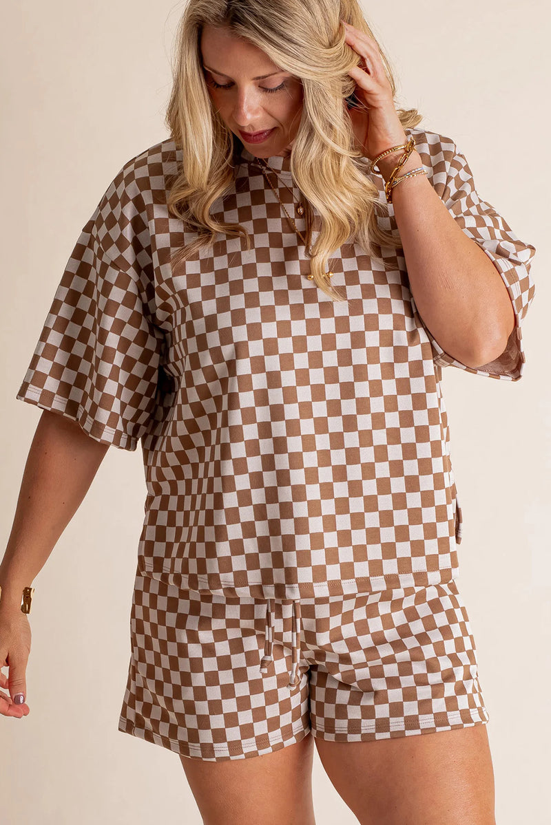 Brown Plus Size Checkerboard Print Side Slit Tee and Shorts Set