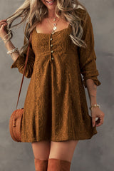 Chestnut Lace Crochet Buttoned Square Neck Mini Dress