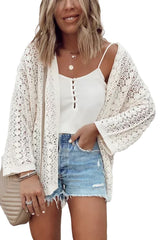 White Hollow Out Crochet Knit Drop Shoulder Open Front Cardigan