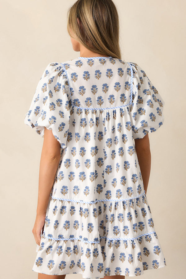 Sky Blue Floral Print Puff Sleeve Tiered Mini Dress