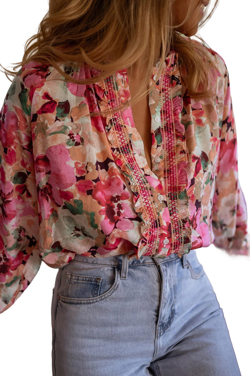 Red Floral Print Frill Stitch Buttoned Loose Fit Shirt