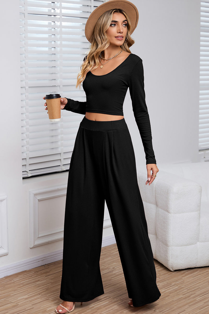 Pink Plain Ribbed Crop Top & Wide Leg Pants Two Piece Pants Set