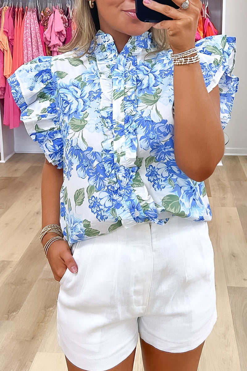 Sky Blue Floral Print Ruffle Sleeve Frill Shirt