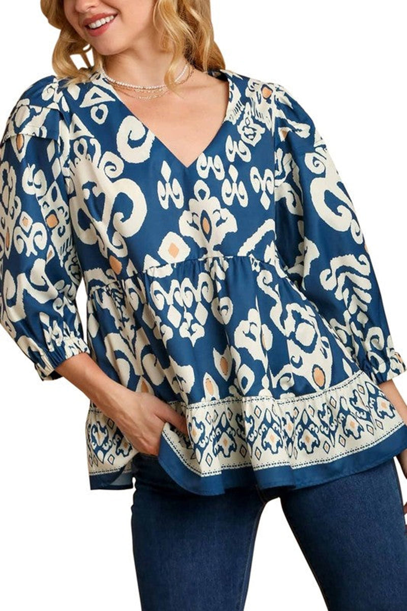 Blue Ethnic Print 3/4 Sleeve Flowy Blouse