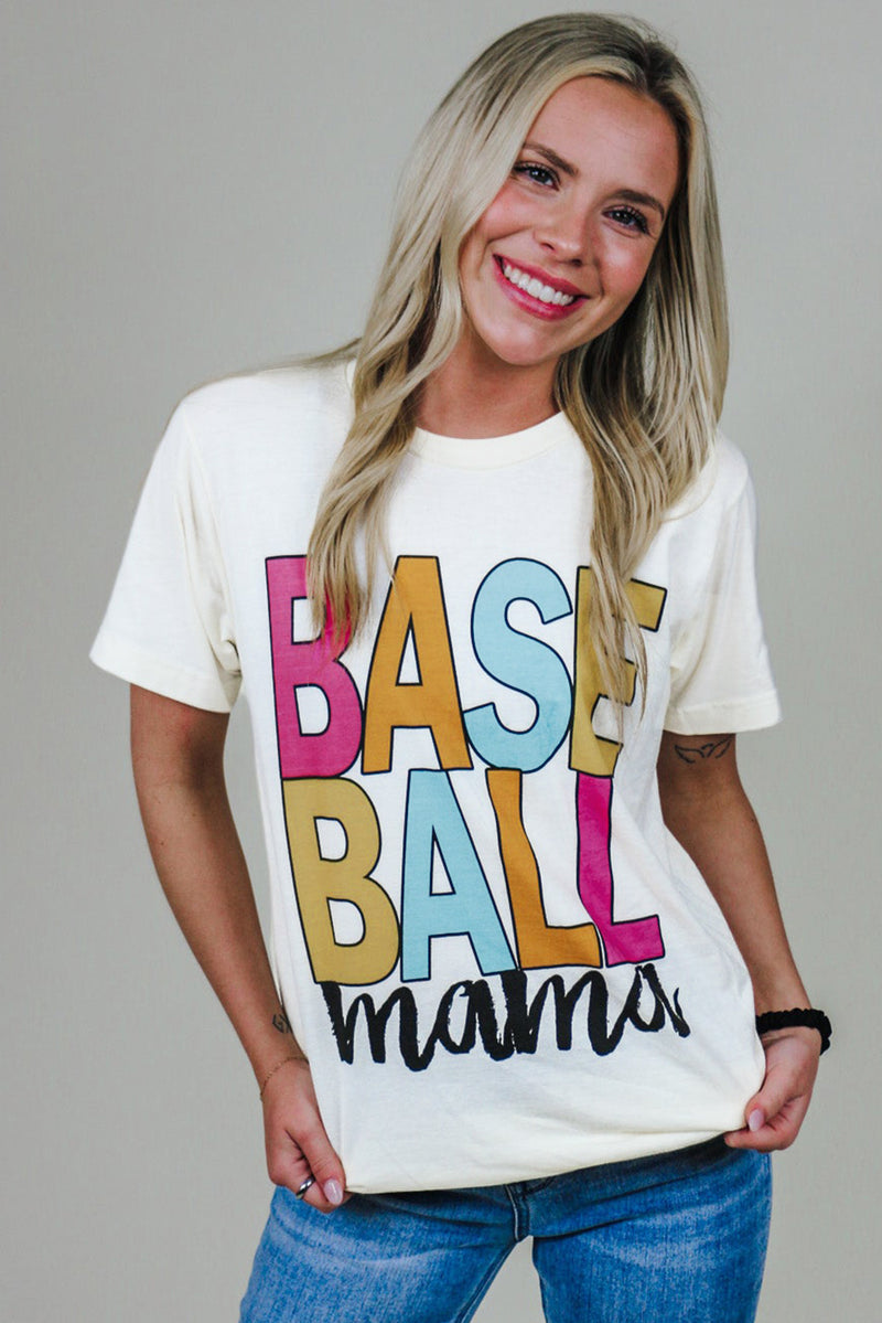 White Colorful Baseball Mama Letter Graphic Tee