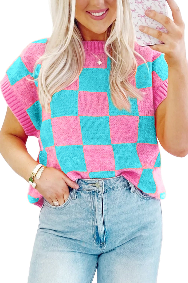 Sachet Pink Colorblock Checkered Knit Dolman Tee