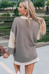 Khaki Textured Colorblock Collared Henley Sweatshirt