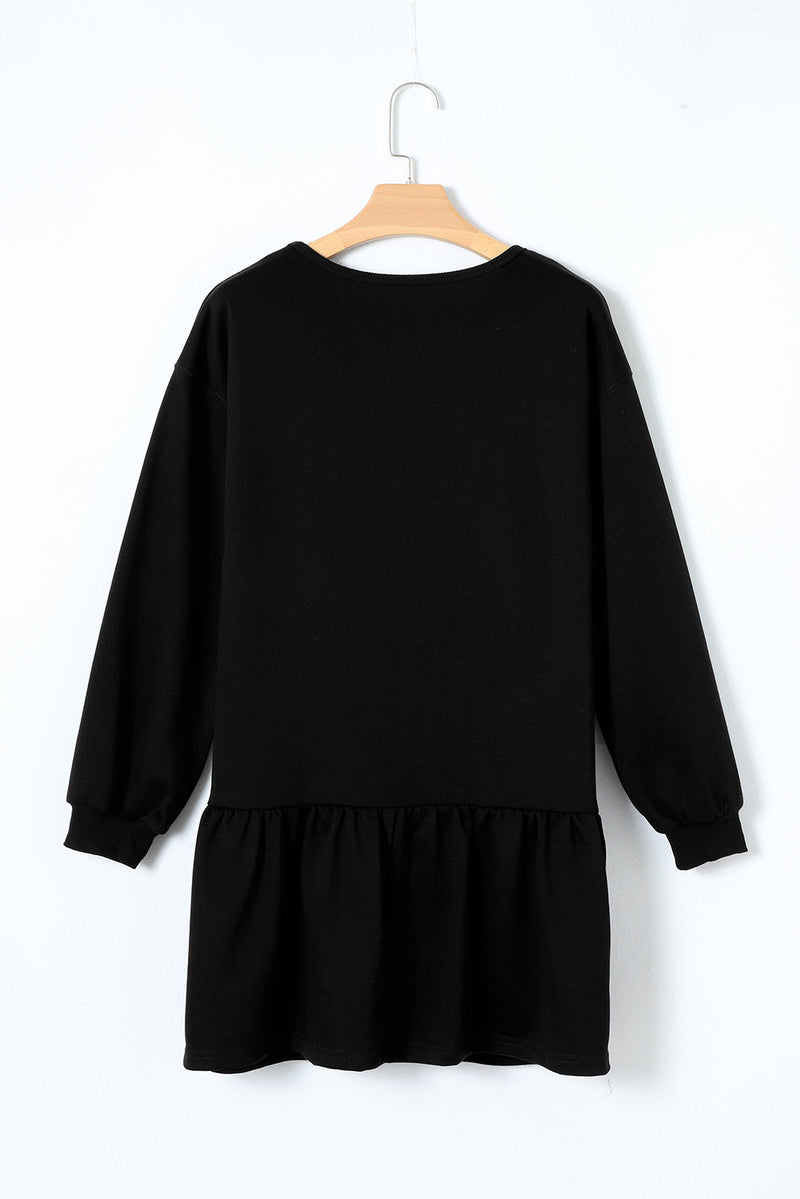 Black Solid Color Ruffle Hem Mini Sweatshirt Dress