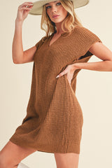 Camel V Neck Loose Fit Mini Knitted Dress