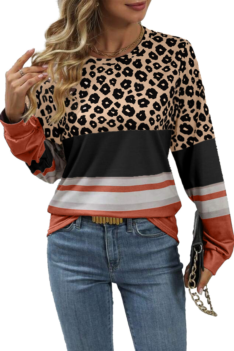 Khaki Leopard Striped Color Block Long Sleeve Top