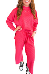 Strawberry Pink Checkered Textured Split Pullover Top and Pants Set