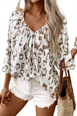 Khaki Leopard Print V Neck 3/4 Sleeve Blouse