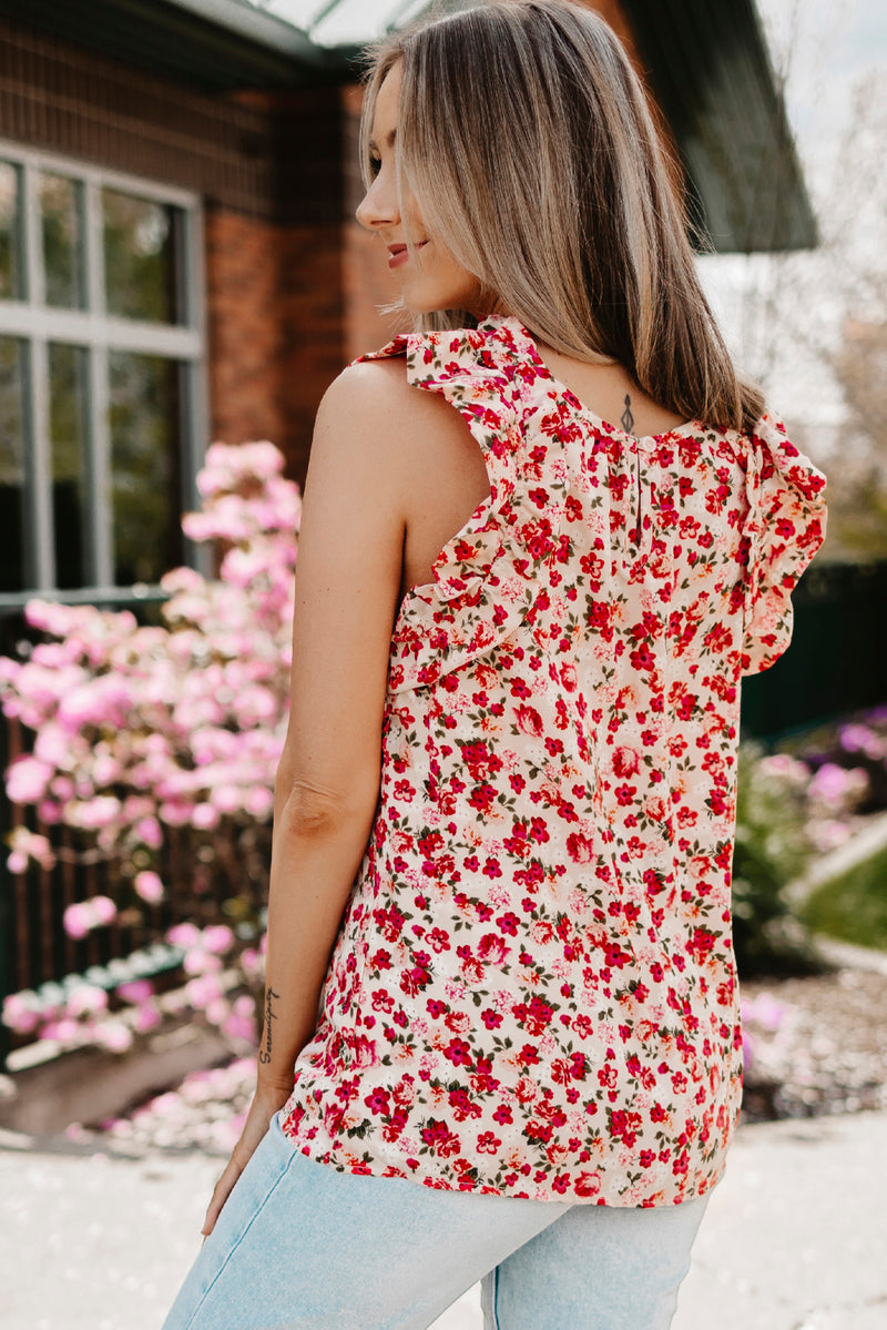 Red Boho Floral Print Ruffled Mock Neck Sleeveless Shirt