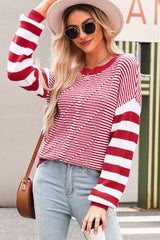 Brown Stripe Twisted Knitted Drop Shoulder Sweater