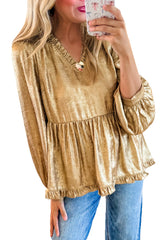 Gold Metallic Frill V Neck Puff Sleeve Babydoll Blouse