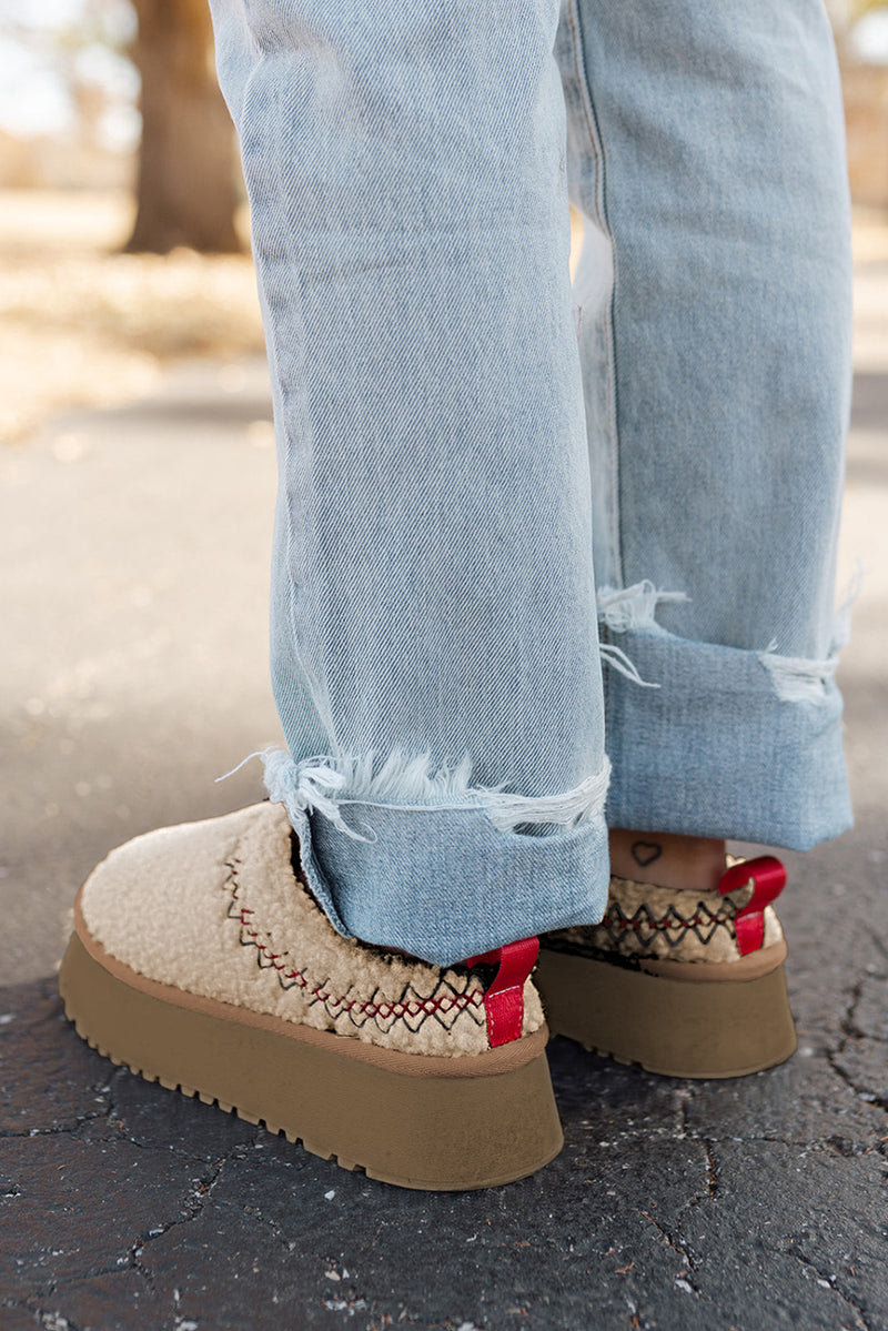 Oatmeal Suede Contrast Plush Thick Sole Slippers