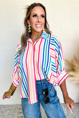 Pink Striped 3/4 Sleeve Button Up Shirt