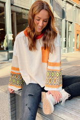 Apricot Geometric Patchwork Sleeve Loose Fit Top