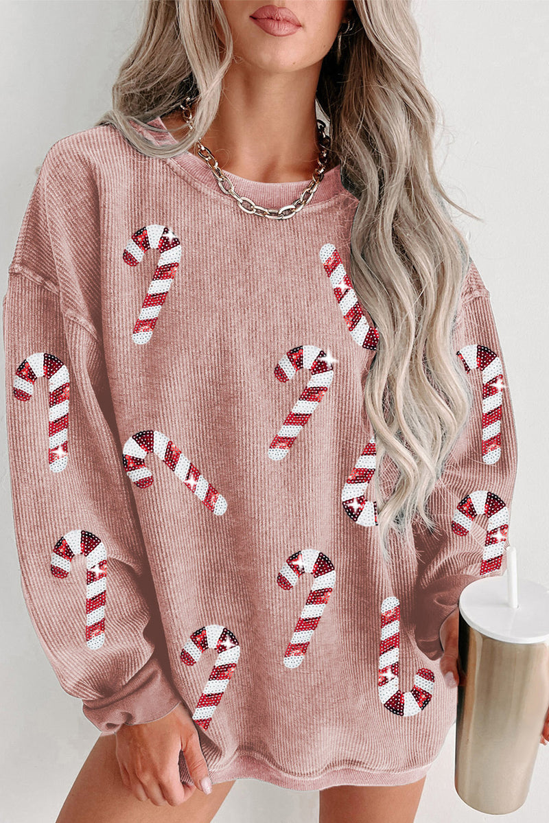 Gray Xmas Candy Cane Sequins Graphic Corded Sweatshirt