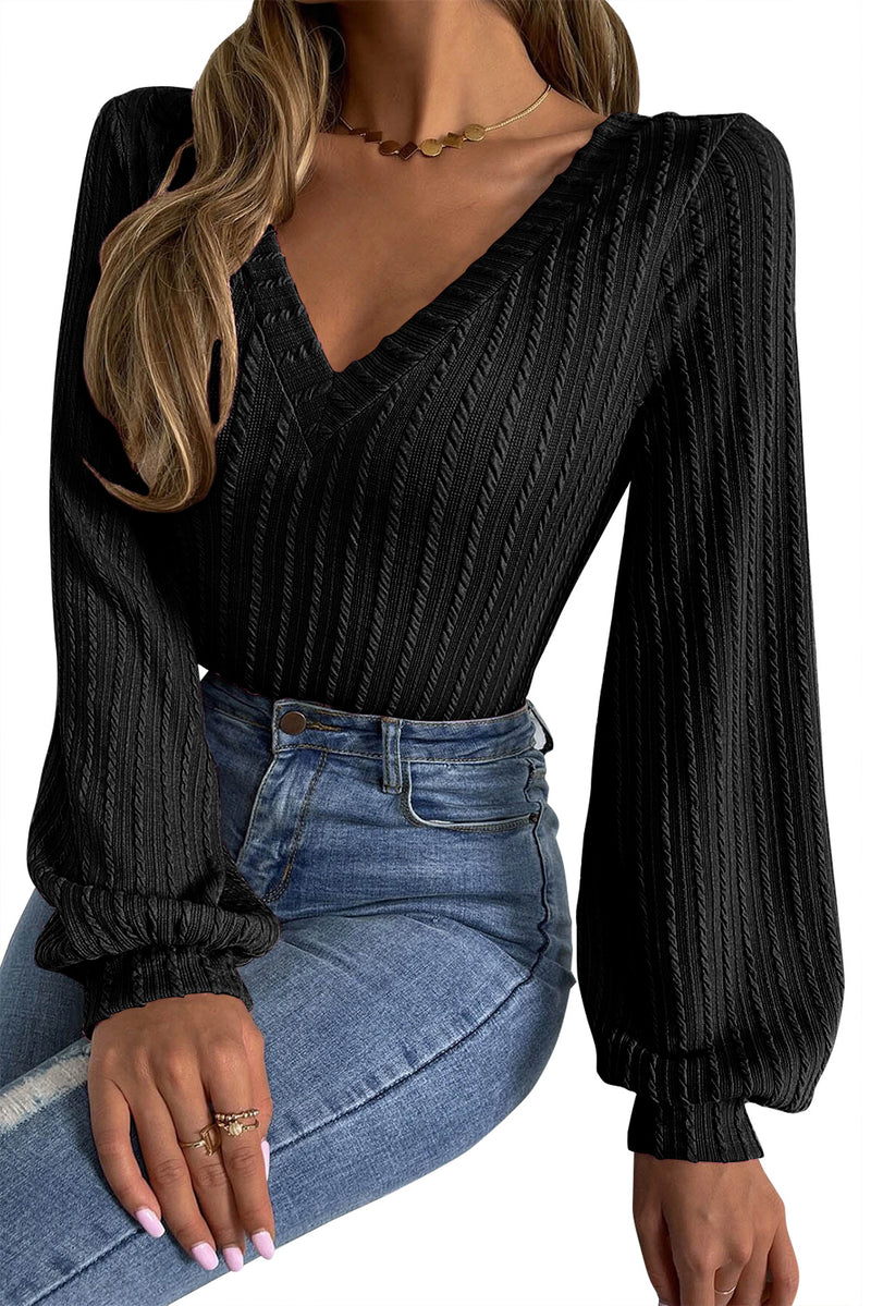 Black Knitted Jacquard V Neck Lantern Sleeve Top