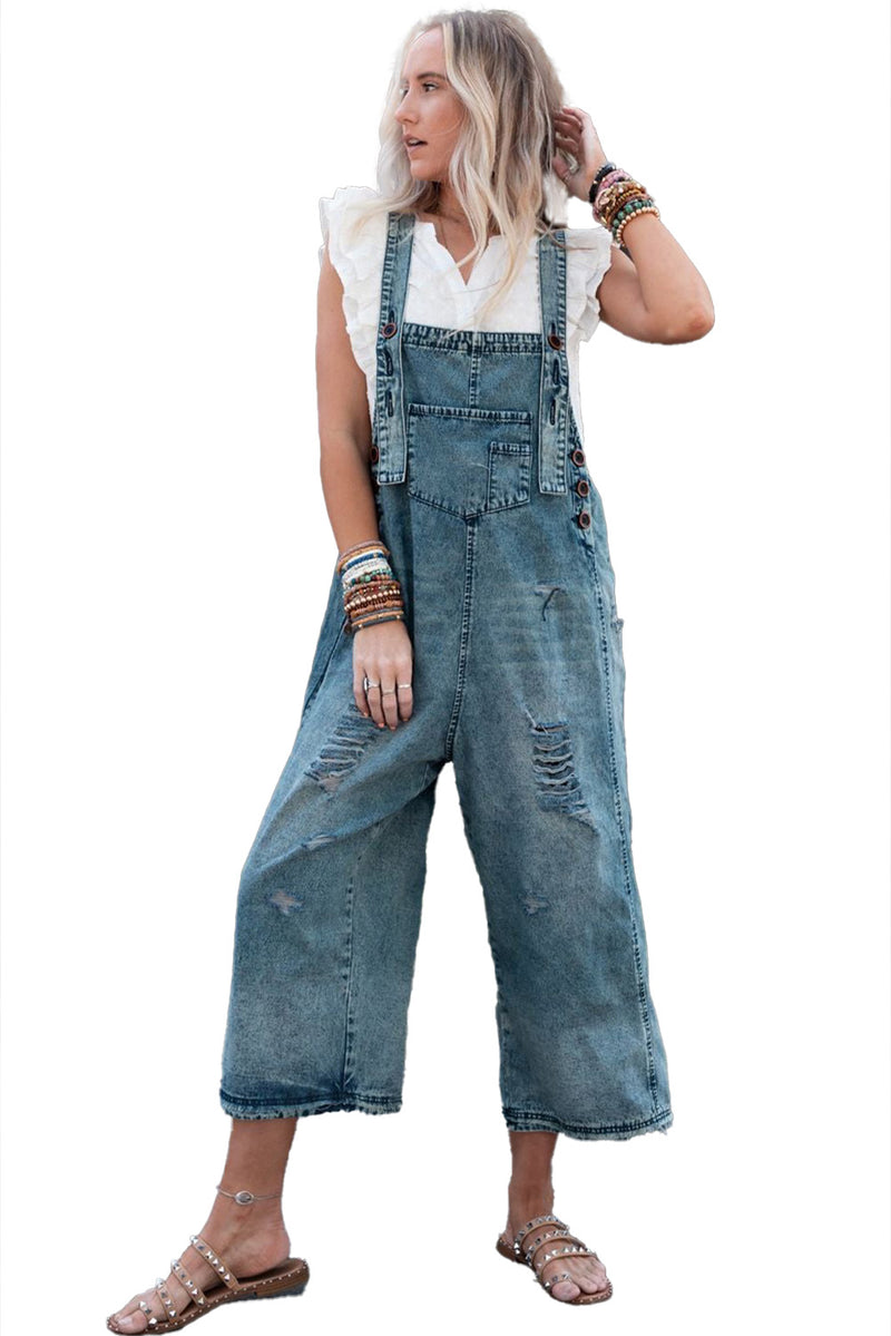 Black Distressed Bib Pocket Wide Leg Denim Overall