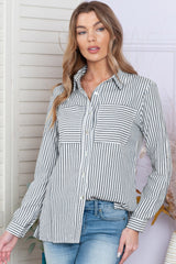 Blue Striped Chic Pockets Roll Up Sleeve Buttons Front Shirt