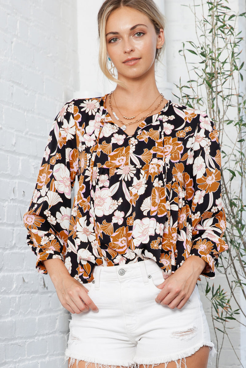 Brown Floral Print Notch Neck 3/4 Sleeve Peasant Blouse