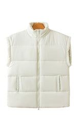 Beige Solid Zipper Stand Neck Oversized Puffer Vest