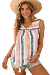 Multicolor Striped Print Split V Neck Sleeveless Shirt