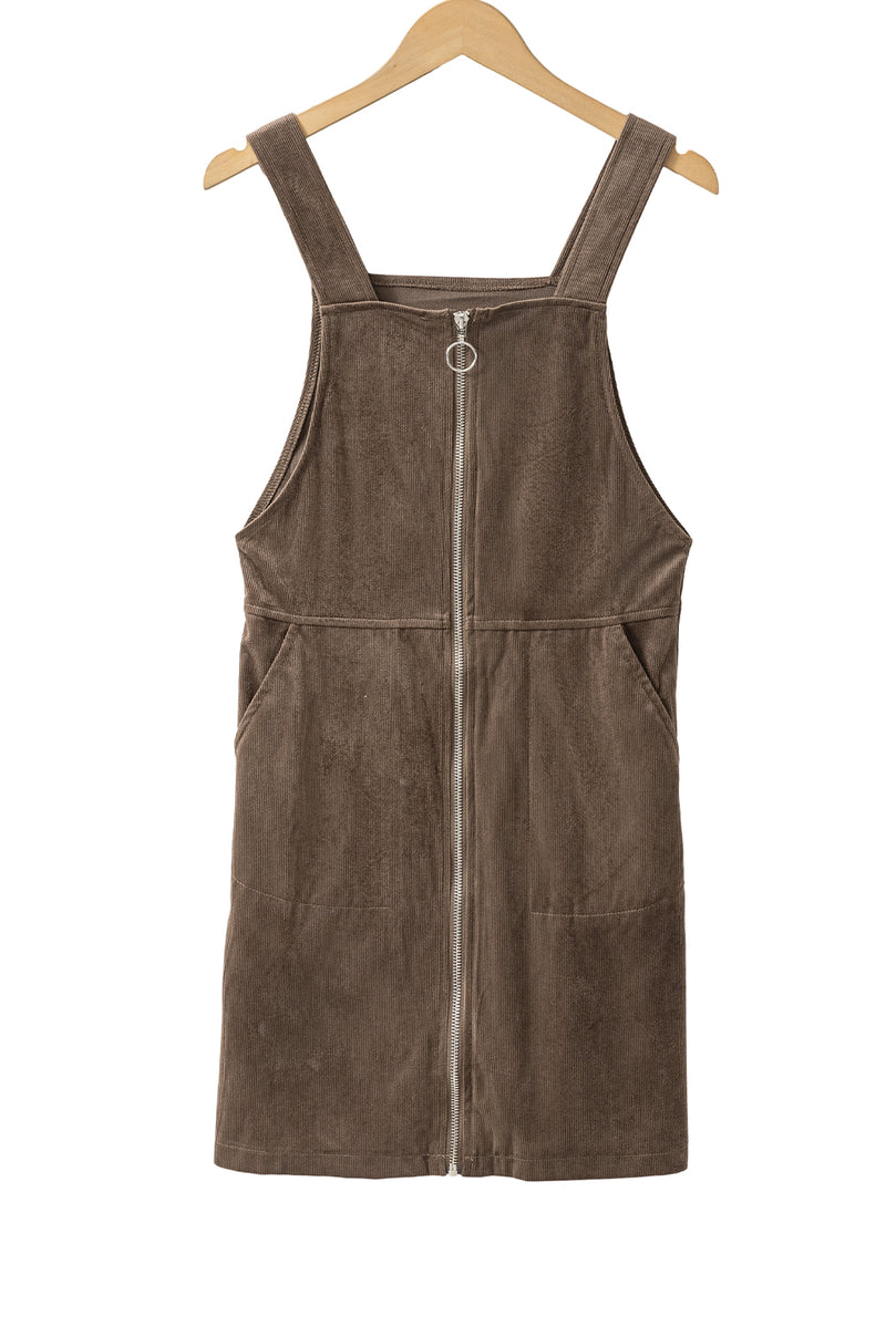 Brown Pockets Zip Up Ribbed Overall Dress