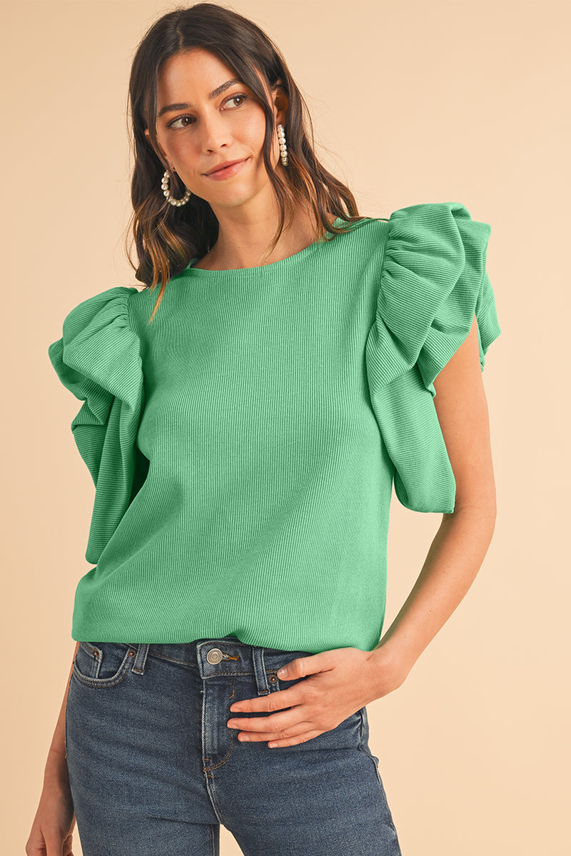 Green Solid Color Ruffle Sleeve Ribbed Blouse