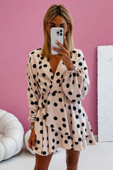 Beige Polka Dot Print Surplice V Neck Puff Sleeve Mini Dress