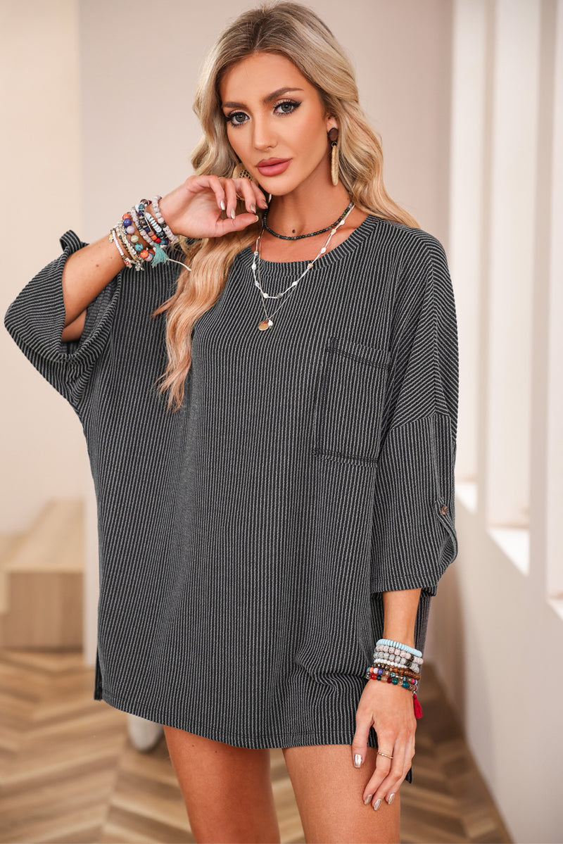 Gray Ribbed Roll-tab Sleeve Chest Pocket Oversize Top