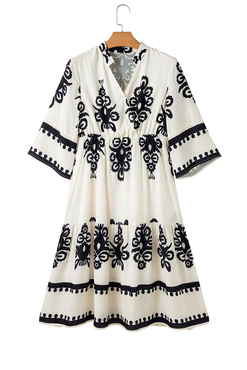 Beige Western Geometric Print 3/4 Sleeve Loose Midi Dress