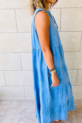 Blue Sleeveless Tiered Chambray Maxi Dress