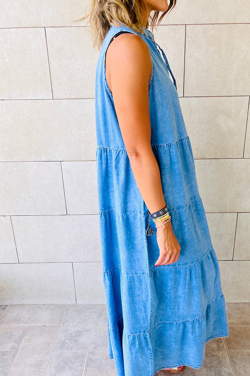 Blue Sleeveless Tiered Chambray Maxi Dress