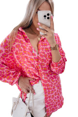 Rose Leopard Print Button-Up Crinkle Shirt