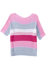 Pink Knitted Eyelet Colorblock Half Sleeves Top