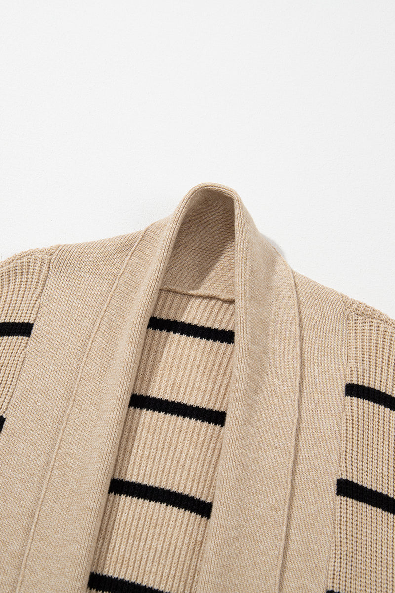 Black Stripe Side Pockets Open Front Cardigan