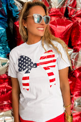 White Flag Day Stars and Stripes Bowknot Graphic Round Neck Tee