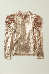 Apricot Sequin Mock Neck Ruched Puff Sleeve Top